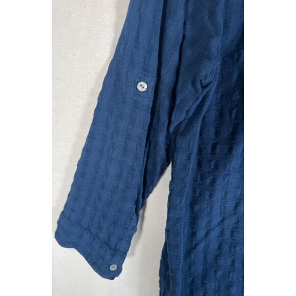 J.Jill Women Size M Navy Blue MOP Button Front Top Tab 3/4 Sleeve Texture Fabric - Picture 7 of 12